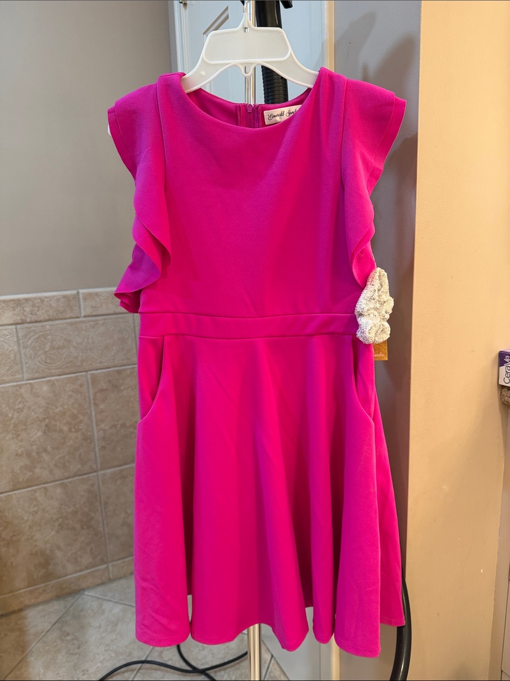 Neon Fuchsia Ruffle Sleeve Dress with bonus sequin scrunchie